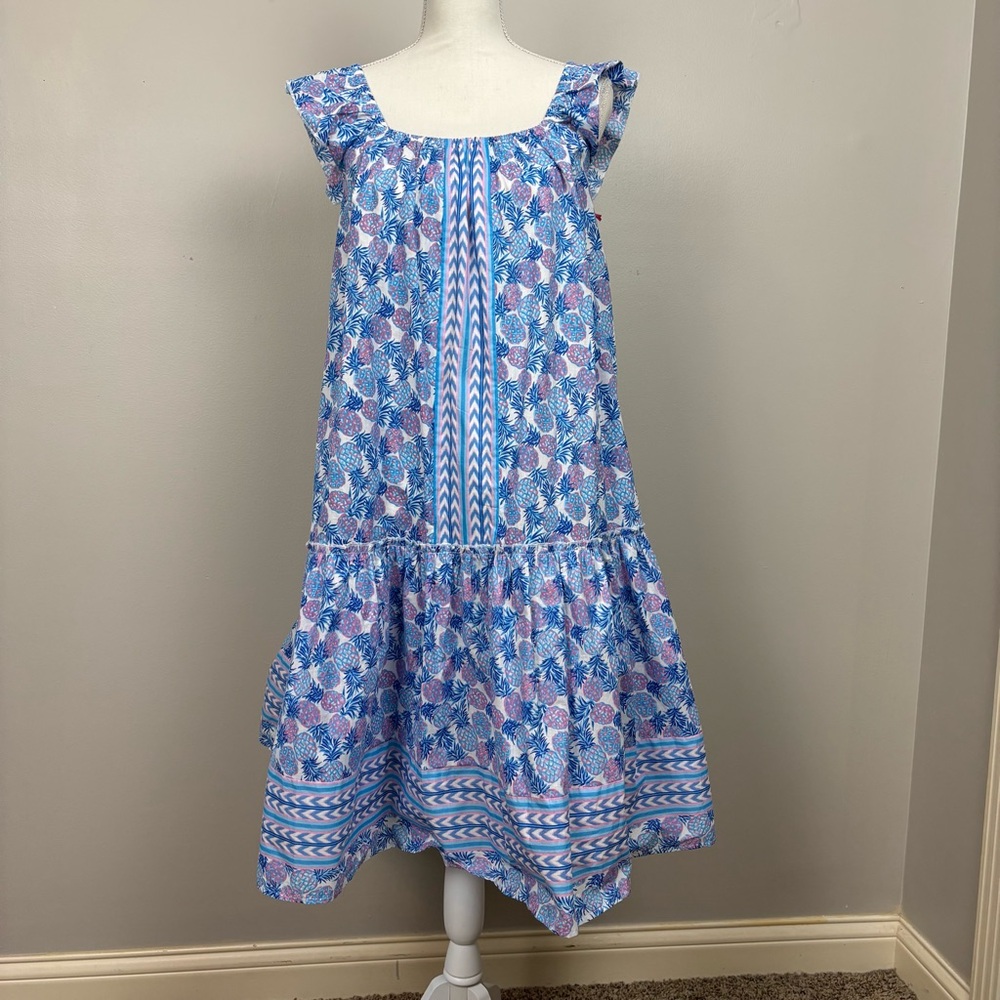 Simply Southern Dress Large Blue Multi Drop Waist Pineapple‎ Resort Wear